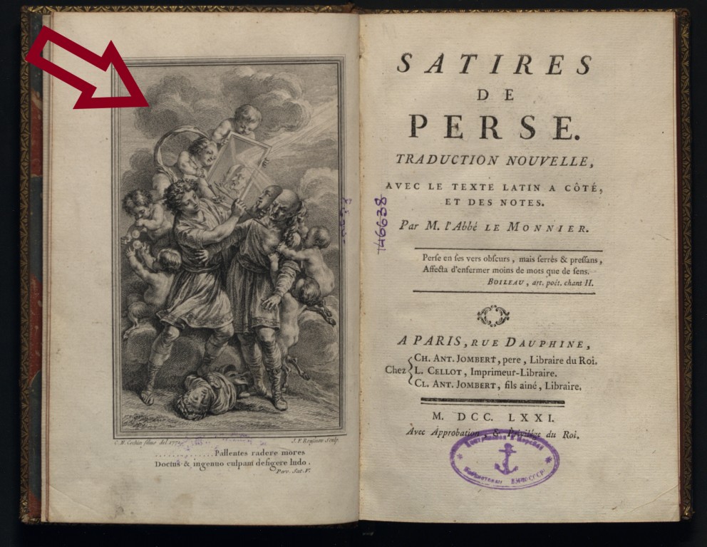Persius Flaccus, Aulus  Satires de Perse. — Paris : Ch. Ant. Jombert, pere, L.Cellot, Cl.Ant.Jombert, 1771.
КП 28119/204 РКИ 2681